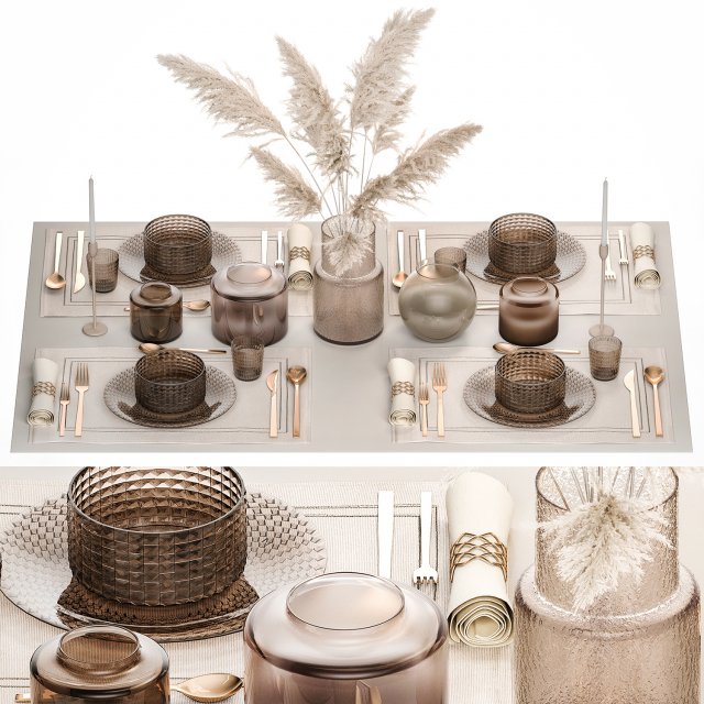 Table setting for 4 persons with a bouquet of white pampas grass 17 3D मॉडल .c4d .max .obj .3ds .fbx .stl .blend 