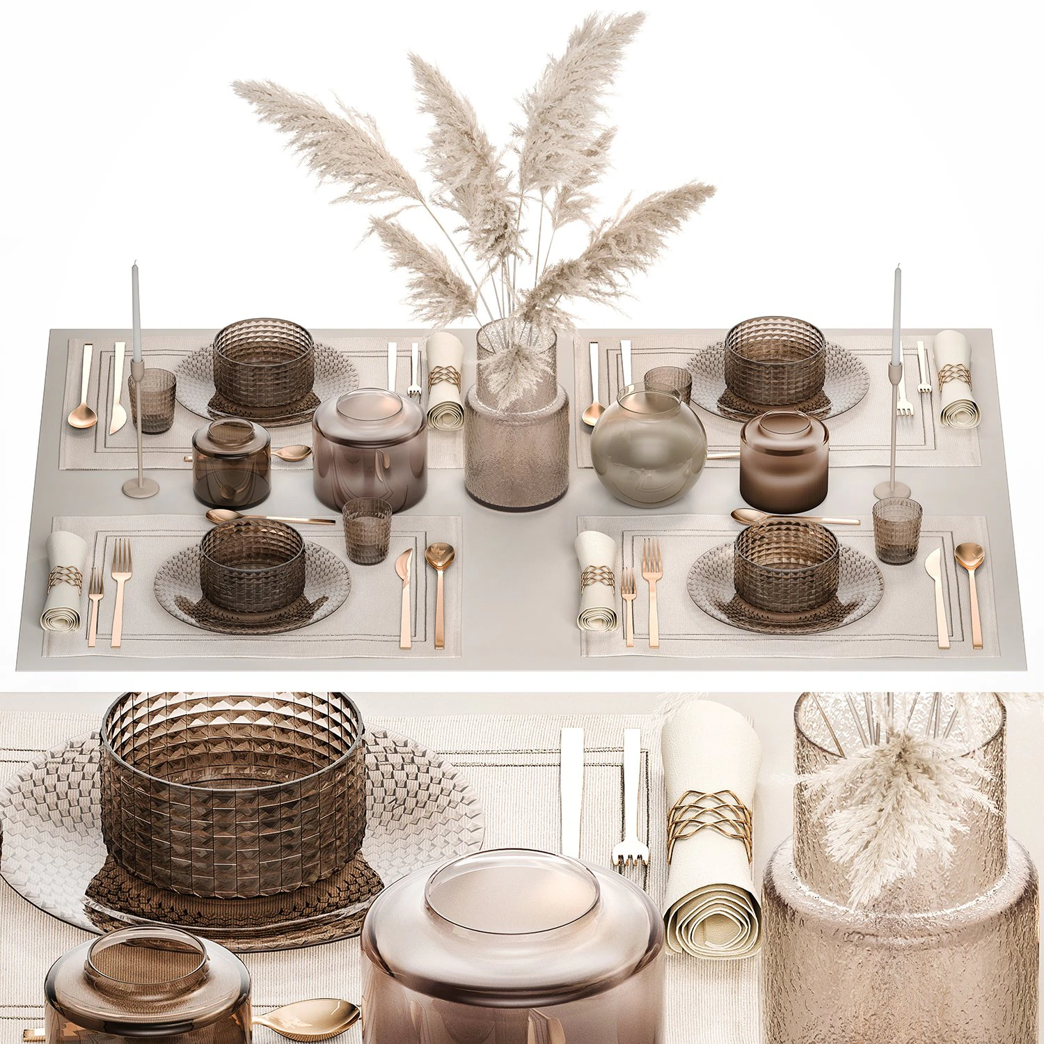 Table setting for 4 persons with a bouquet of white pampas grass 17 3D Model .c4d .max .obj .3ds .fbx .stl .blend 