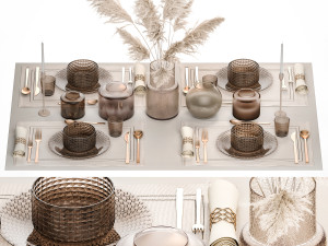 Table setting for 4 persons with a bouquet of white pampas grass 17 3D Model