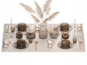 Table setting for 4 persons with a bouquet of white pampas grass 17 3D मॉडल