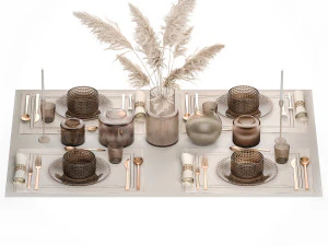 Table setting for 4 persons with a bouquet of white pampas grass 17 3D Model