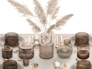 Table setting for 4 persons with a bouquet of white pampas grass 17 3D Model