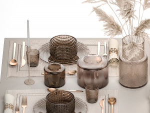 Table setting for 4 persons with a bouquet of white pampas grass 17 3D मॉडल