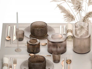 Table setting for 4 persons with a bouquet of white pampas grass 17 3D Model