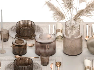 Table setting for 4 persons with a bouquet of white pampas grass 17 3D Model