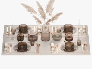 Table setting for 4 persons with a bouquet of white pampas grass 17 3D मॉडल