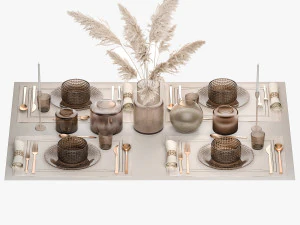 Table setting for 4 persons with a bouquet of white pampas grass 17 3D Model