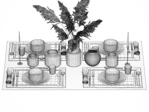 Table setting for 4 persons with a bouquet of white pampas grass 17 3D Model