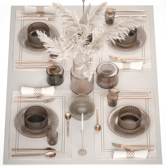 Table setting for 4 persons with a bouquet of white pampas grass 18 3D Model .c4d .max .obj .3ds .fbx .stl .blend 