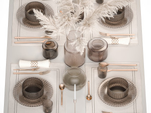 Table setting for 4 persons with a bouquet of white pampas grass 18 3D Model