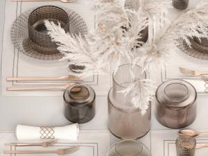 Table setting for 4 persons with a bouquet of white pampas grass 18 3D Model