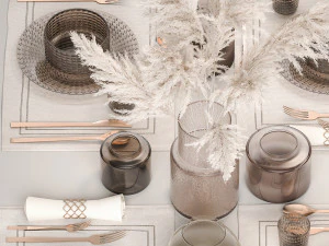 Table setting for 4 persons with a bouquet of white pampas grass 18 3D Model