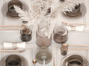 Table setting for 4 persons with a bouquet of white pampas grass 18 3D Model