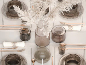 Table setting for 4 persons with a bouquet of white pampas grass 18 3D Model