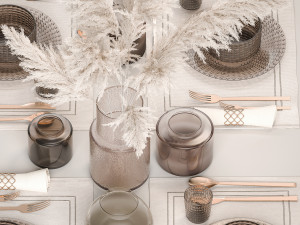Table setting for 4 persons with a bouquet of white pampas grass 18 3D Model
