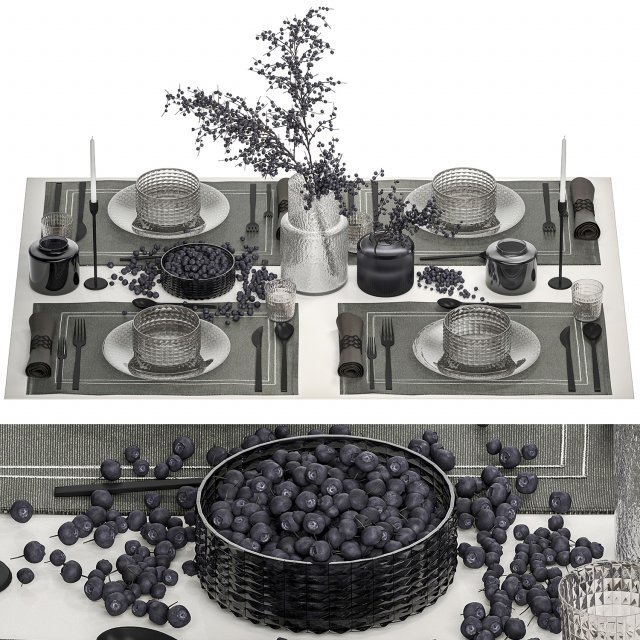 Table Setting With A Bouquet And Blueberries 3D Model .c4d .max .obj .3ds .fbx .stl .blend 