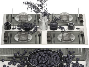 Table Setting With A Bouquet And Blueberries 3D Model