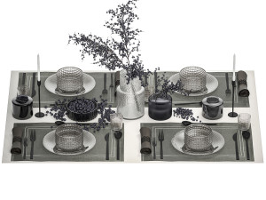 Table Setting With A Bouquet And Blueberries 3D Model