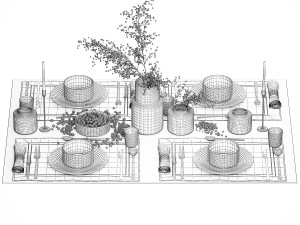 Table Setting With A Bouquet And Blueberries 3D Model