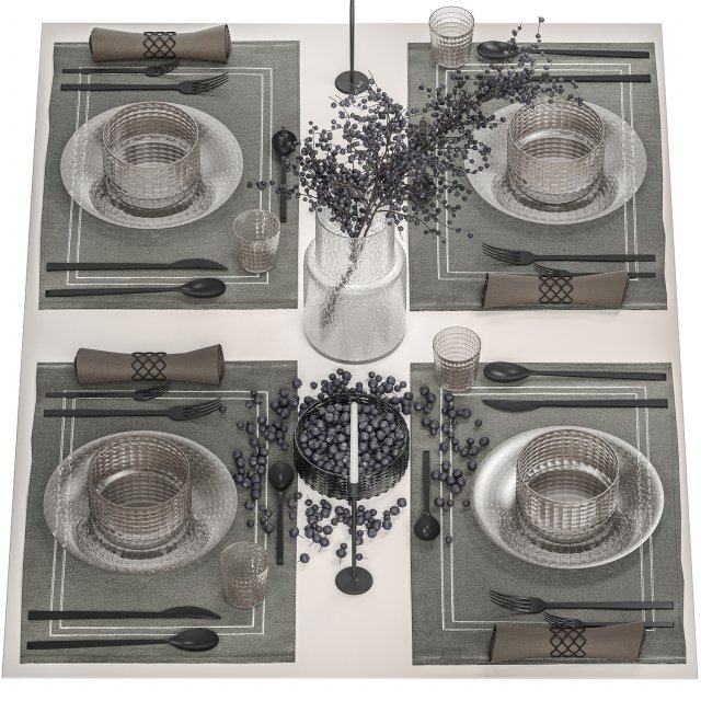 Table setting with a bouquet of blueberry branches 3Dモデル .c4d .max .obj .3ds .fbx .stl .blend 
