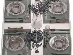 Table setting with a bouquet of blueberry branches 3D Model
