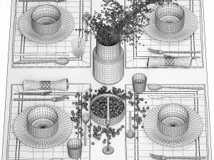 Table setting with a bouquet of blueberry branches 3D Model