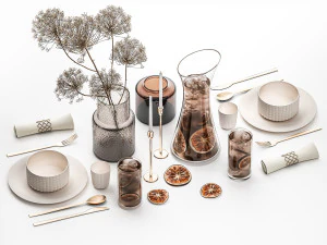 Table dress&eacute;e avec bouquet et carafe de th&eacute; glac&eacute; Modèle 3D