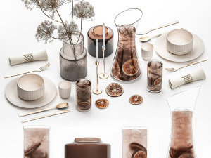 Table Setting With Bouquet And Carafe Of Iced Tea 3D Model