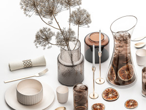Table Setting With Bouquet And Carafe Of Iced Tea 3D Model