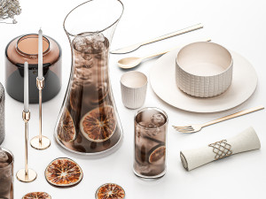 Table Setting With Bouquet And Carafe Of Iced Tea 3D Model