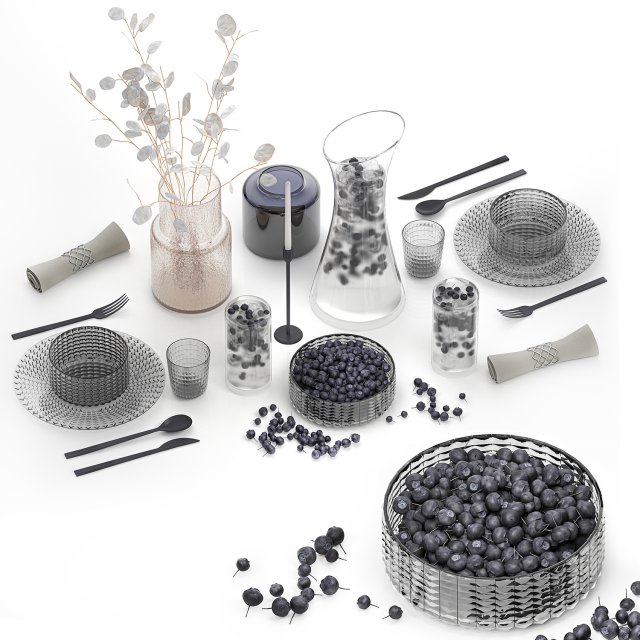 Table Setting With Bouquet And Blueberries 3D Model .c4d .max .obj .3ds .fbx .stl .blend 