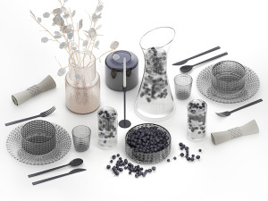 Table Setting With Bouquet And Blueberries 3D Model