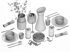 Table Setting With Bouquet And Blueberries 3D Model