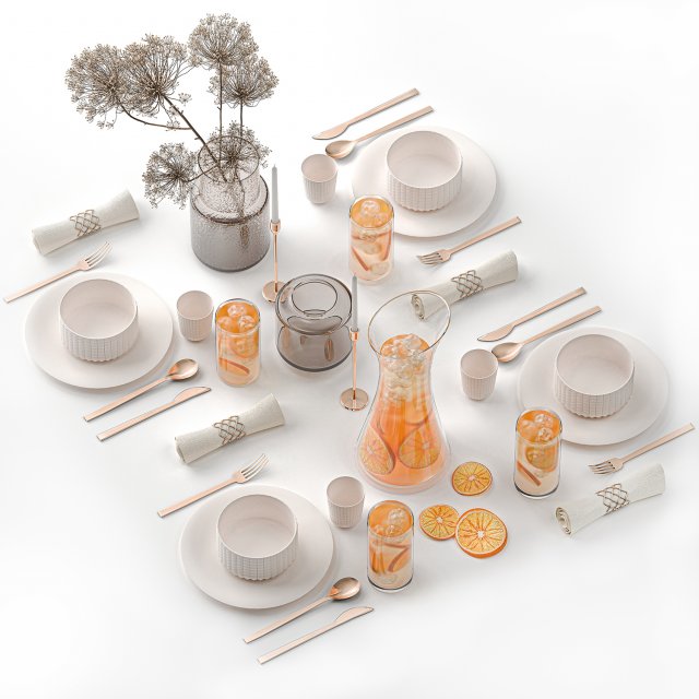 Stylish Table Setting For 4 Persons With Lemonade 3D 모델 .c4d .max .obj .3ds .fbx .stl .blend 