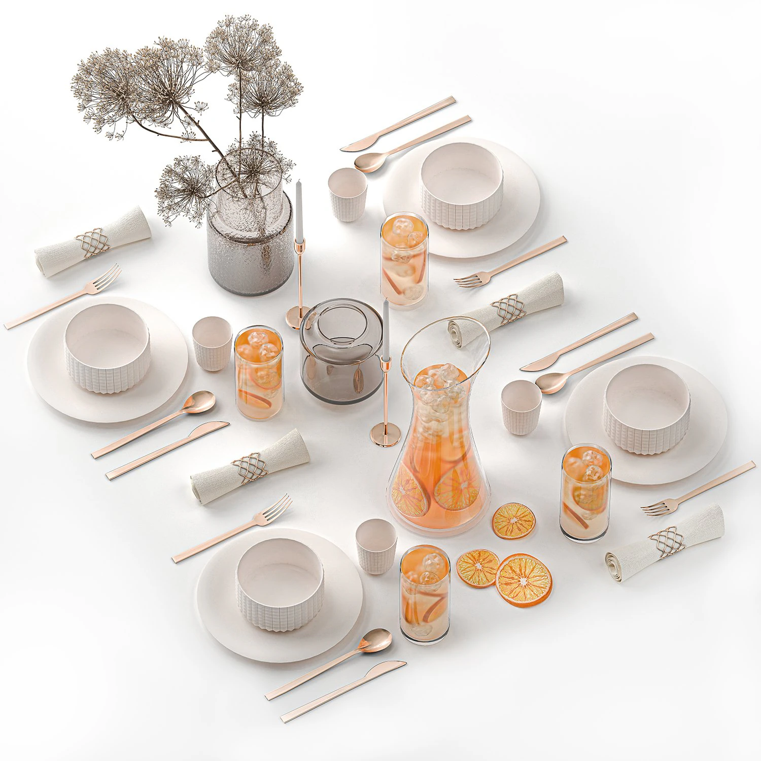 Stylish Table Setting For 4 Persons With Lemonade 3D Model .c4d .max .obj .3ds .fbx .stl .blend 