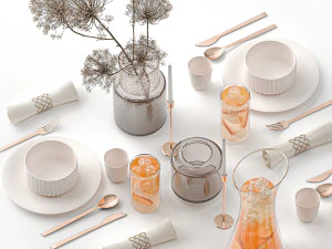 Stylish Table Setting For 4 Persons With Lemonade 3D Model