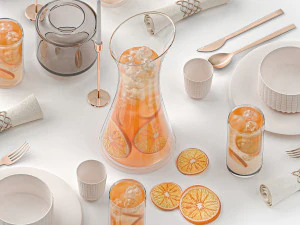 Stylish Table Setting For 4 Persons With Lemonade 3D Model