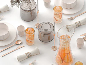 Stylish Table Setting For 4 Persons With Lemonade 3D Model