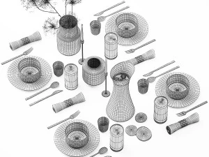 Stylish Table Setting For 4 Persons With Lemonade 3D Model