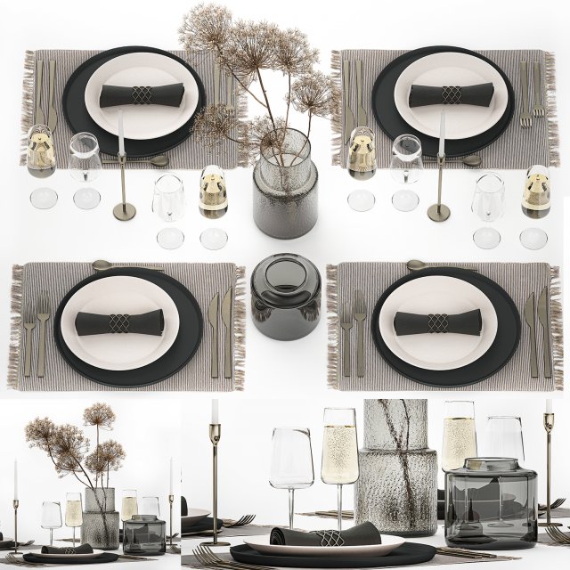 Table Setting For 4 Persons With A Bouquet hogweed 3D Модель .c4d .max .obj .3ds .fbx .stl .blend 