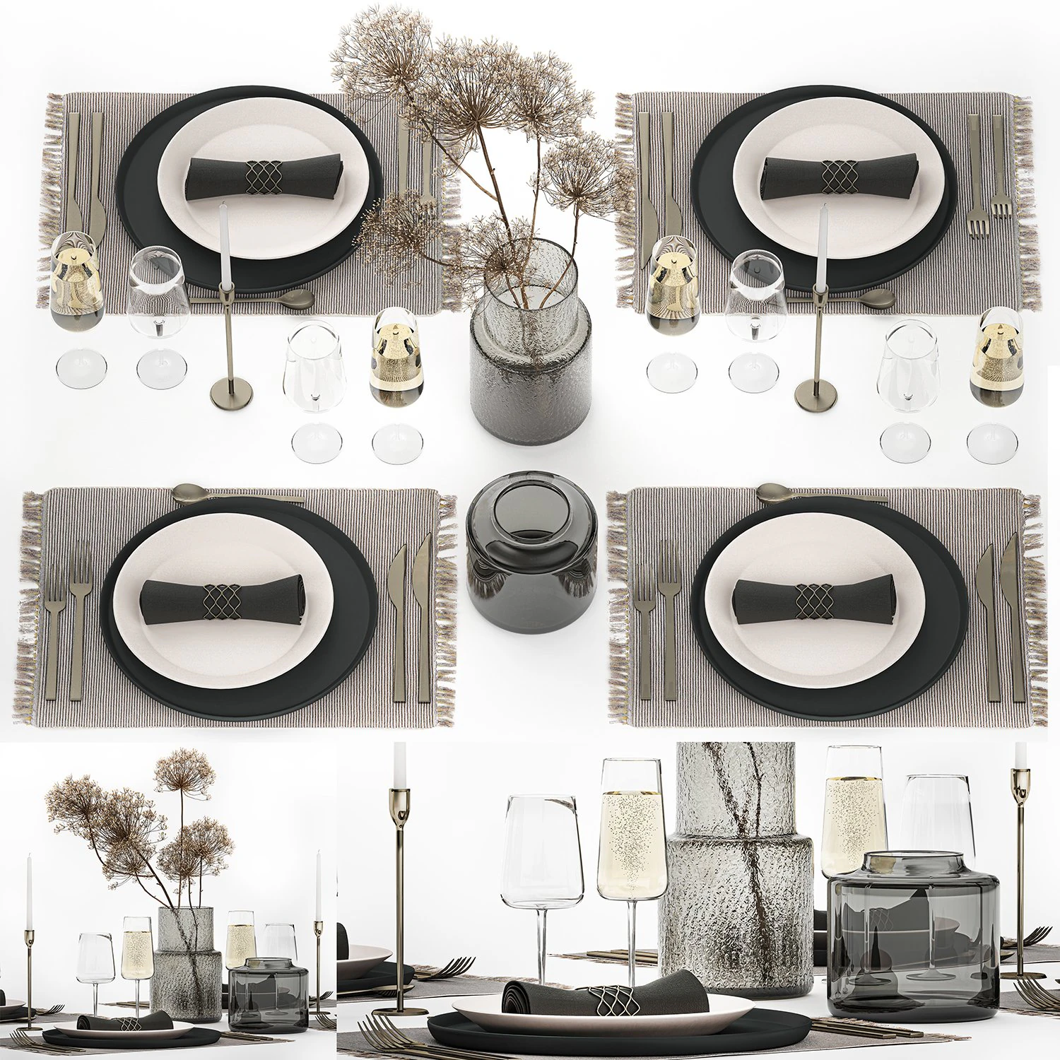 Table Setting For 4 Persons With A Bouquet hogweed 3D Model .c4d .max .obj .3ds .fbx .stl .blend 