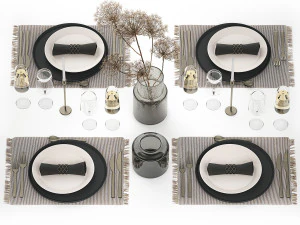 Table Setting For 4 Persons With A Bouquet hogweed 3D Model