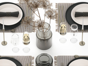 Table Setting For 4 Persons With A Bouquet hogweed 3D Модель