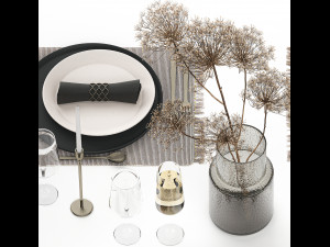 Table Setting For 4 Persons With A Bouquet hogweed 3D Модель