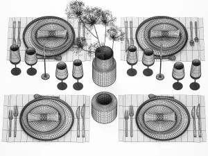 Table Setting For 4 Persons With A Bouquet hogweed 3D Model