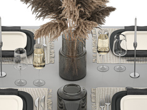 Table Setting With A Bouquet Of Pampas Grass 3D 模型