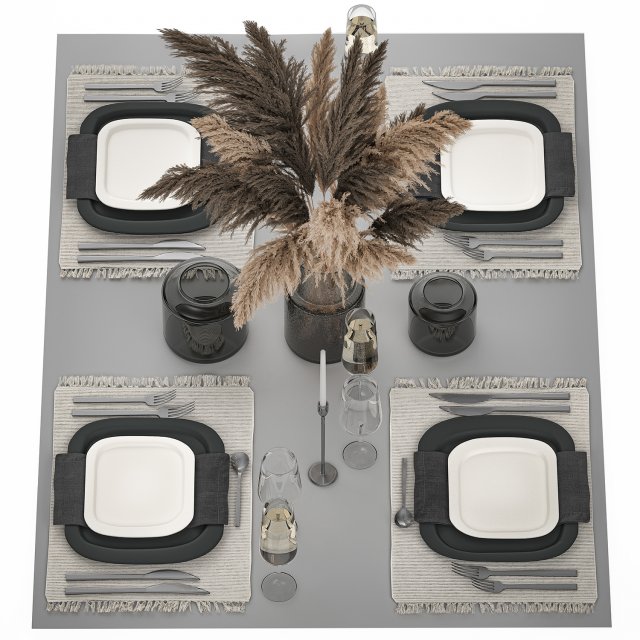 Table Setting With A Bouquet Of dried reeds 3D Model .c4d .max .obj .3ds .fbx .stl .blend 
