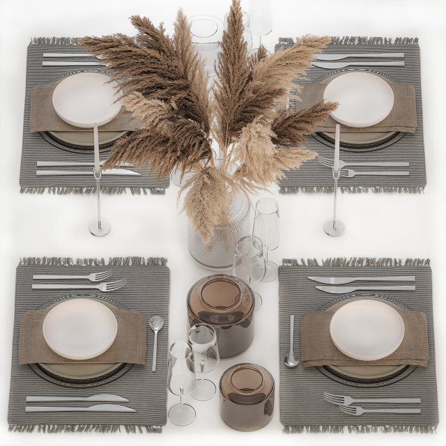 Table Setting With bouquet of dry reeds Model 3D .c4d .max .obj .3ds .fbx .stl .blend 
