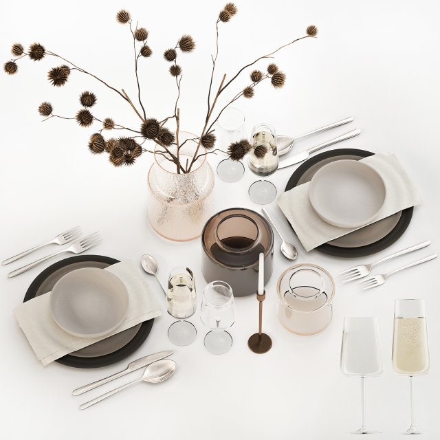 Table setting for 2 persons with a bouquet of dried flowers 3D Model .c4d .max .obj .3ds .fbx .stl .blend 
