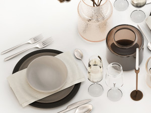 Table setting for 2 persons with a bouquet of dried flowers 3D Model